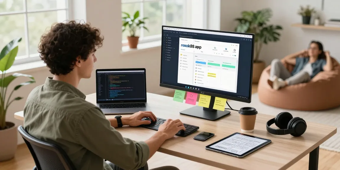 Developing rokok88 apk in a vibrant workspace with modern tech elements
