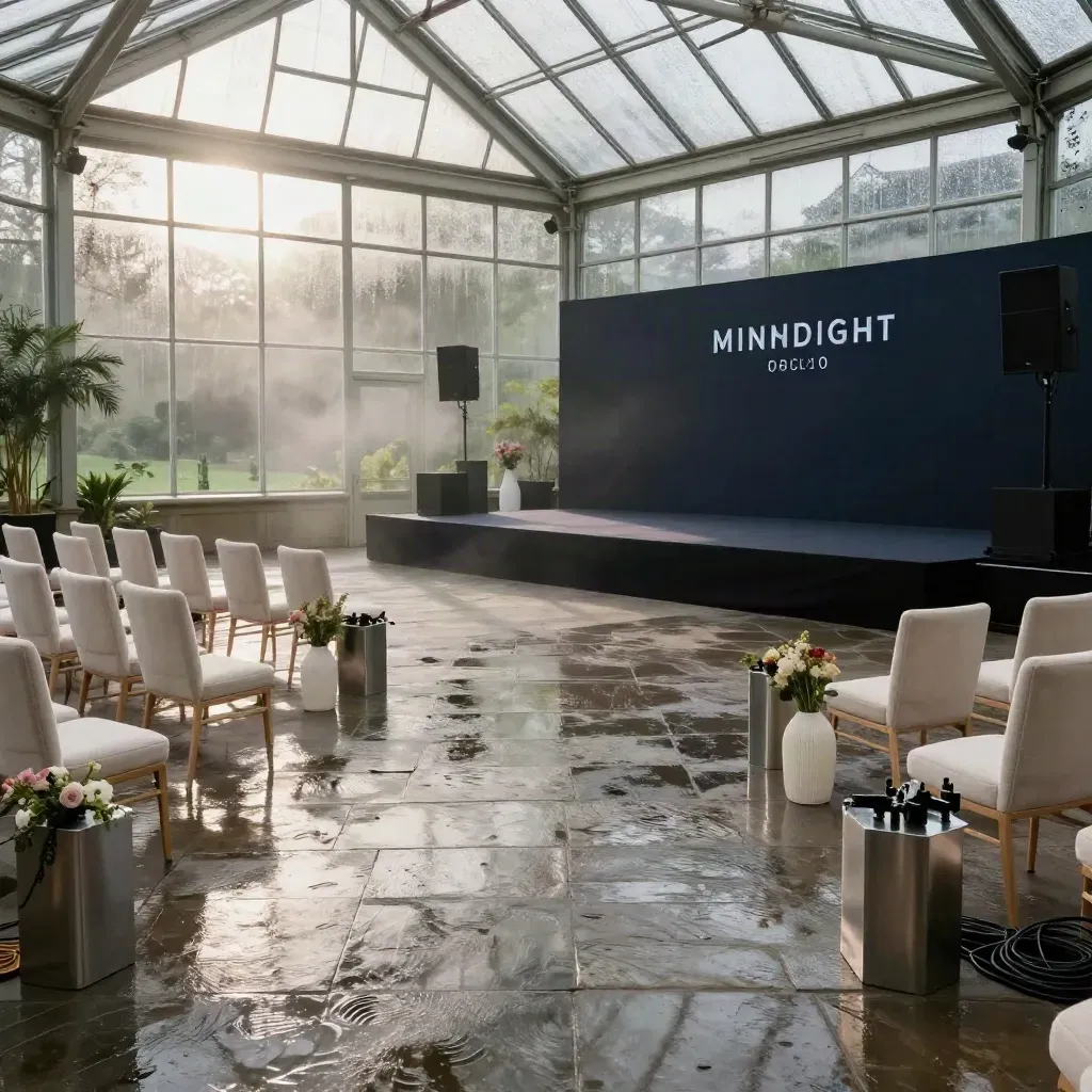 Glashaus-Event mit Bühne, Stühlen und Lichttechnik nach Regen im Morgenlicht.