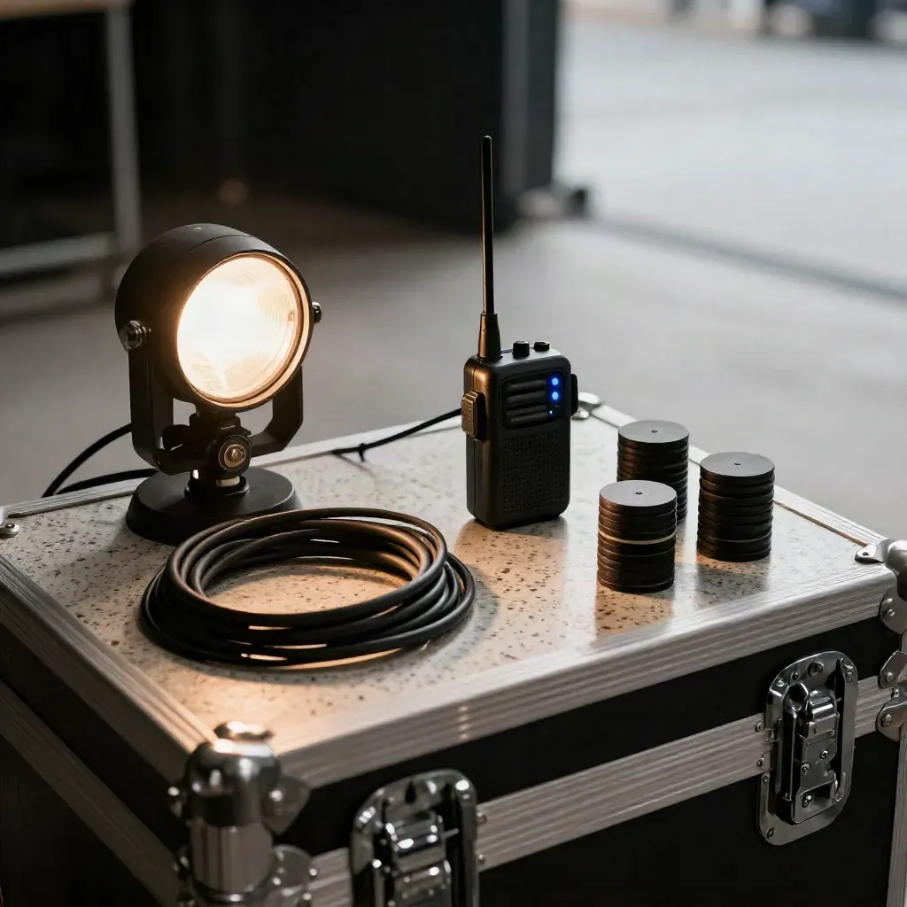 Backstage-Timing-Station mit Cue-Licht, Funkgerät, Kabel und Markern auf Travertinboden