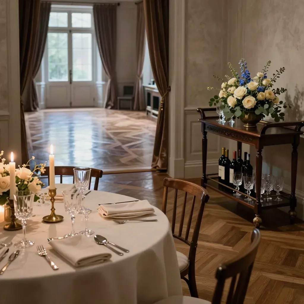 Leerer Festsaal mit Kerzen, Tanzfläche, Barwagen und Blumen bei warmer Abendstimmung