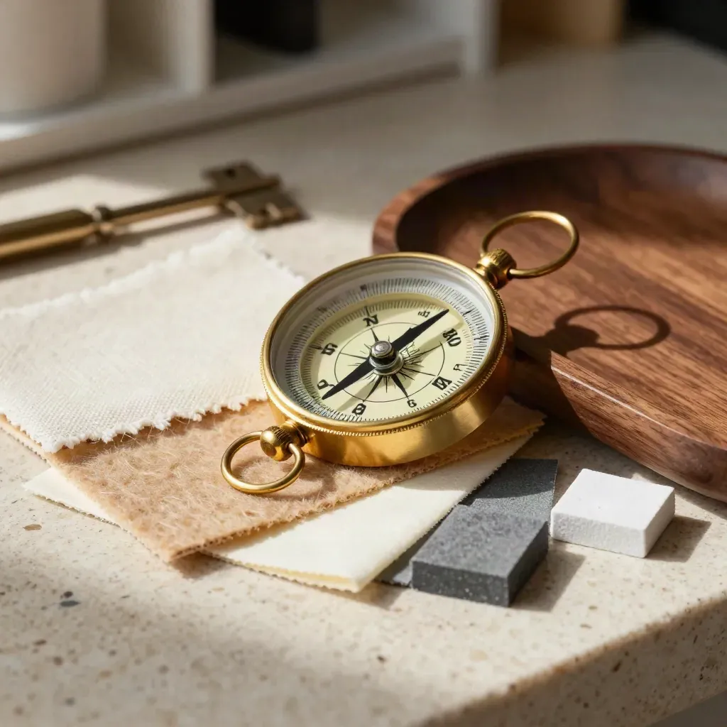 Brass-Kompass mit Stoffmustern und Bühnenblöcken auf Travertin.