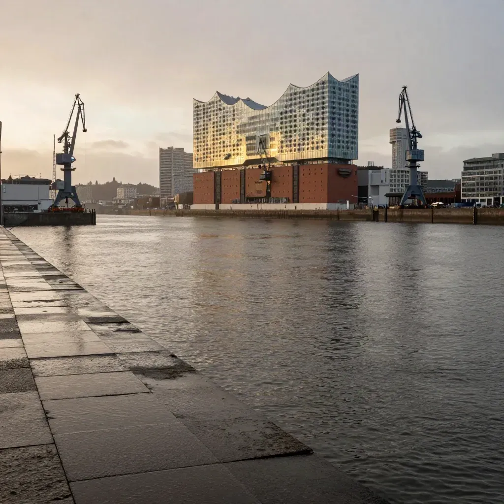 Hamburger Hafen mit Elbphilharmonie, Kränen und ruhigem Wasser im Abendlicht